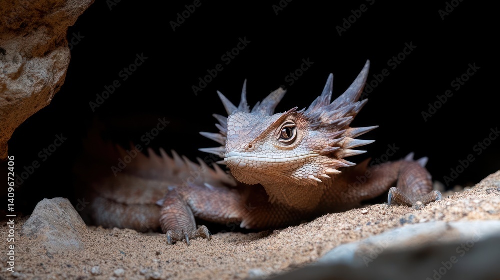 Poster a close-up shot portrays a thorny devil lizard in its habitat, featuring sandy substrate and a dark 