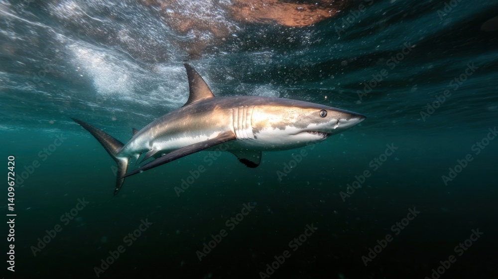 Poster underwater shot features a large shark with a white belly swimming in clear water, the surface visib