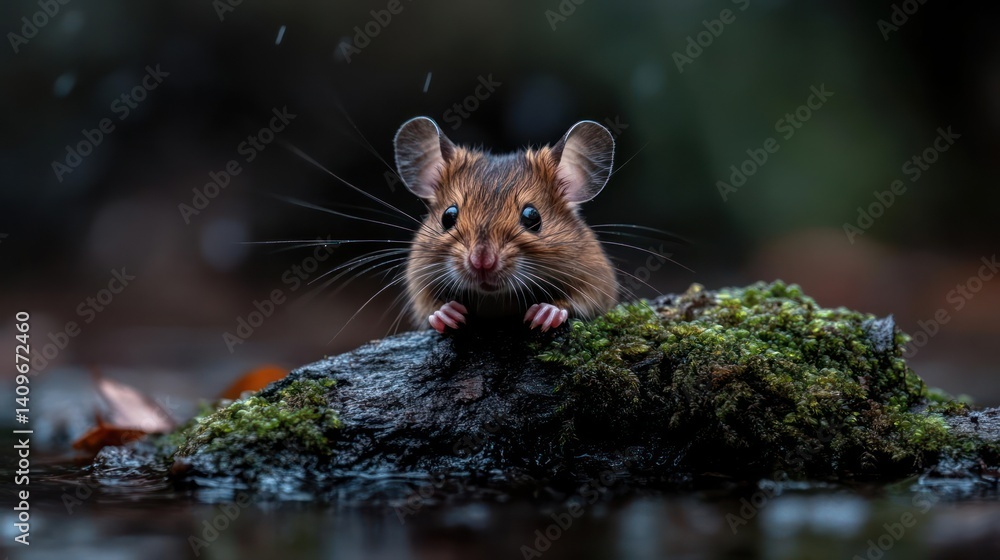 Poster close-up shot of a small brown mouse perched on a mossy log in a puddle, glistening with water dropl