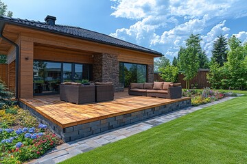 Fototapeta premium House with wooden deck patio furniture green lawn and trees on a sunny day.