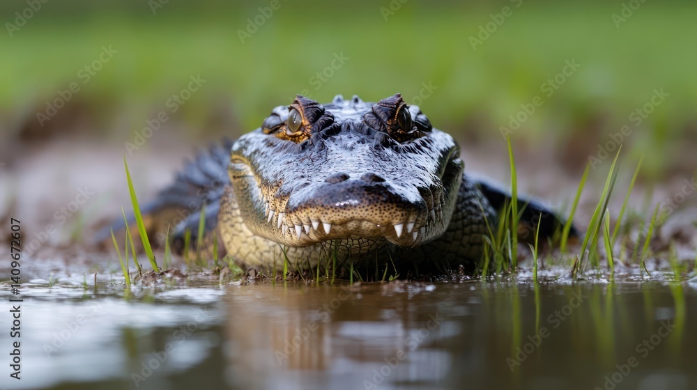Poster close-up shot of an alligator lying in shallow water with grass around it. the alligator's head is p