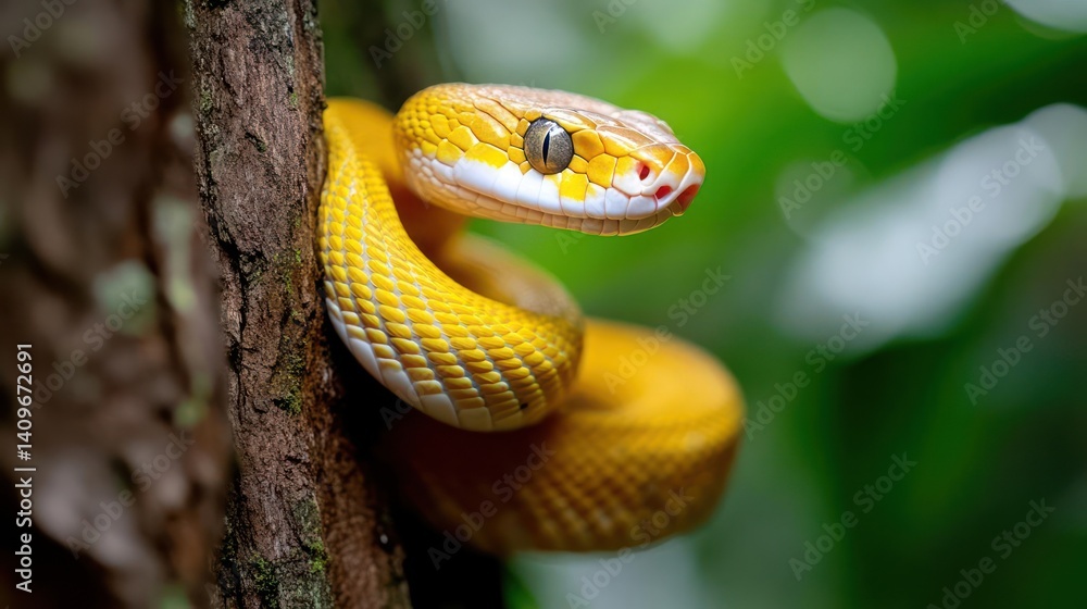 Poster close-up shot of a bright yellow snake coiled around a tree branch, showcasing its textured scales a