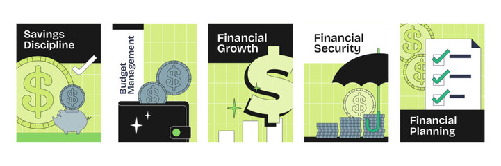 Personal finance poster with coins, dollar signs, and checklists, illustrating budgeting and growth in Neubrutalism style, transparent background.
