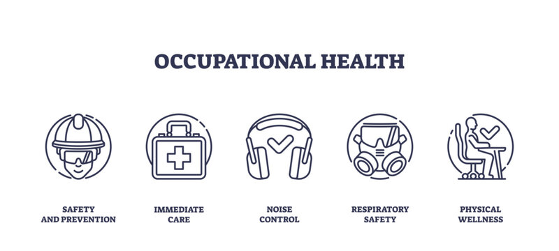 Occupational health icons outline key safety measures, helmet, first aid kit, headphones, transparent background. Outline icons set.