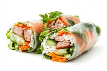 Isolated white background featuring a mini roll combo with veggies and meat.