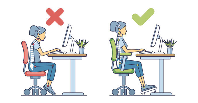 Workplace posture diagram shows correct and incorrect sitting positions with chairs and desks, transparent background.