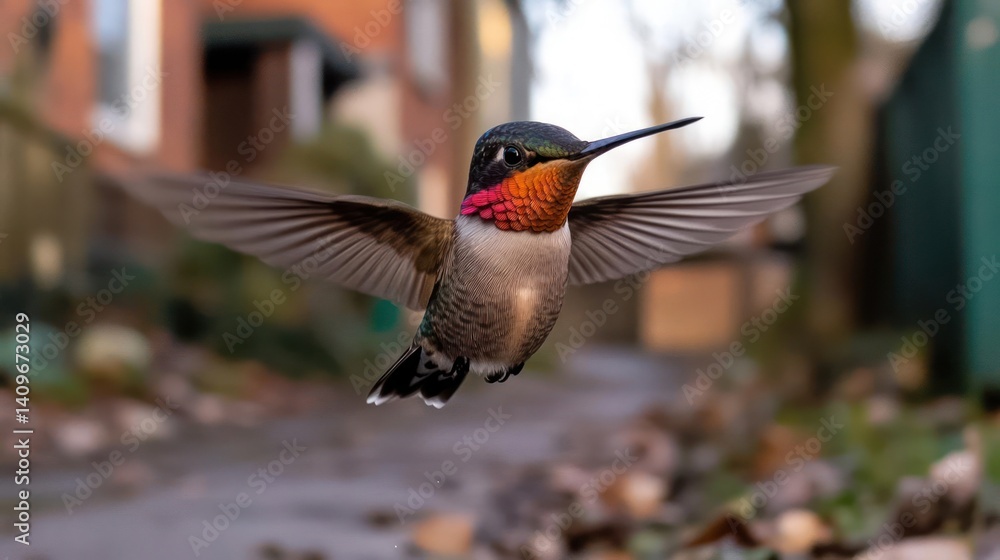 Poster A close up shot of a Ruby Throated Hummingbird in mid flight. The bird has its wings fully extended as it flies above a trail with fallen leaves. Its distinctive coloring and long beak are clearly