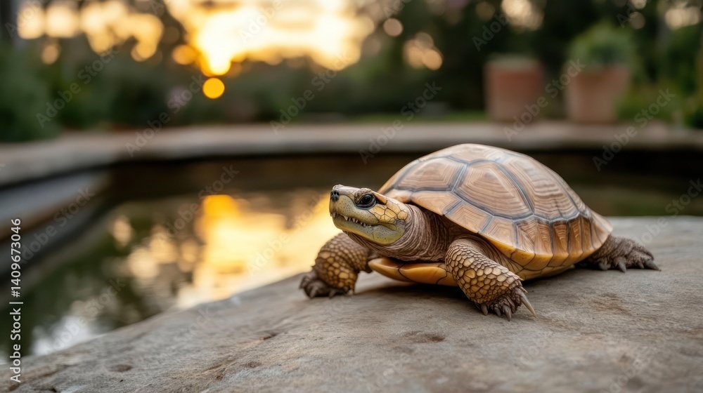 Poster Close up shot of a yellow patterned turtle perched on a textured stone surface, a serene pond in the background, soft sunset light casting a warm glow. The turtle's shell and skin details, and