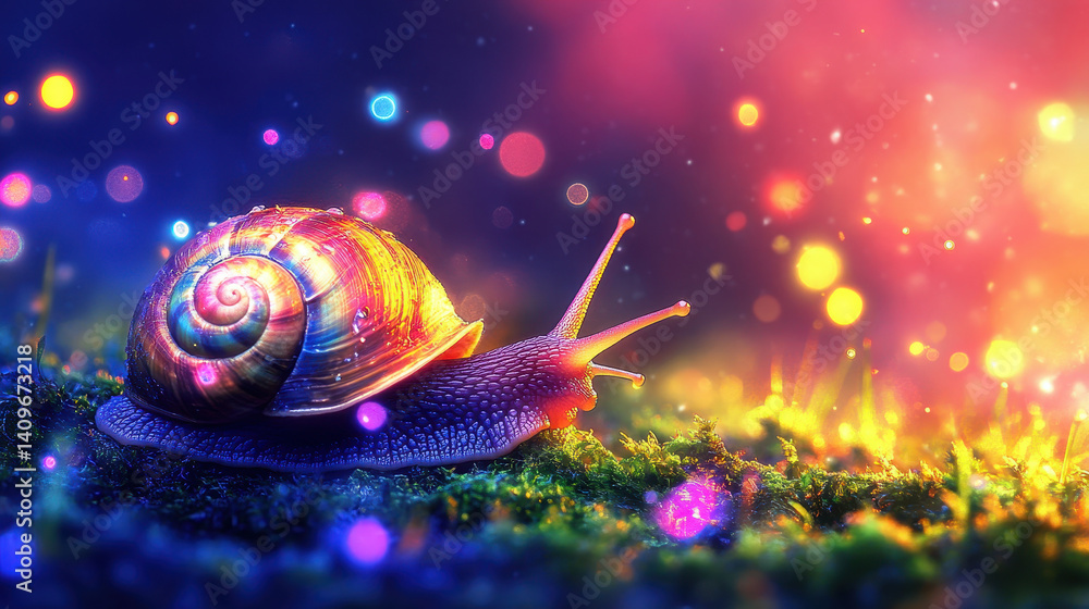 Poster close-up of a snail exploring a lush mossy surface under gentle natural light with vibrant greens an