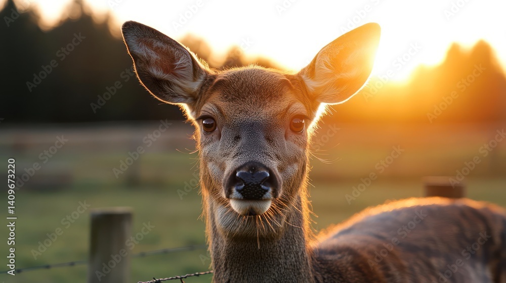 Aufkleber Close up portrait of a deer looking directly at the camera with a warm golden sunset glow behind it. The deer's fur is detailed with moisture and the background features a green field and blurred