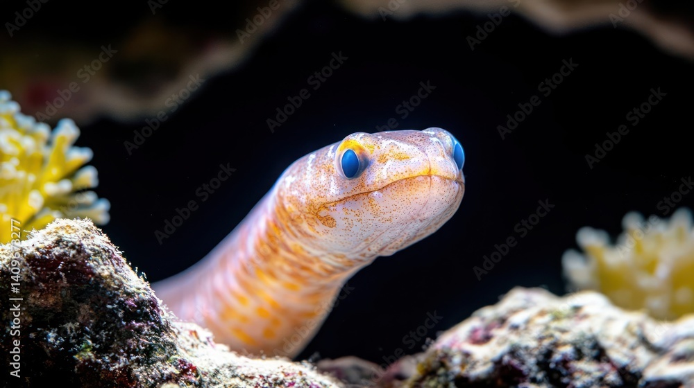 Poster a close-up showcases a white eel with orange markings and striking blue eyes, nestled between coral 