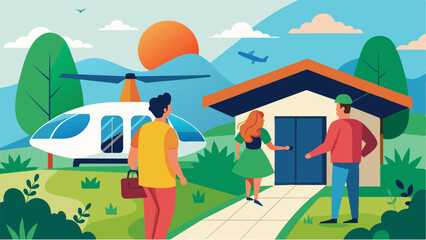 A young couple steps out of their solarpaneled ecohome and climbs aboard an eVTOL eager to explore the neighboring villages and experience sustainable living at its finest.. Vector illustration