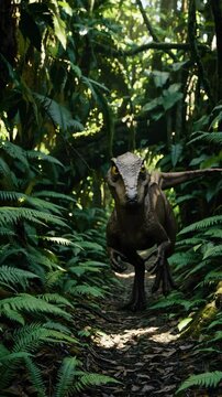 A Velociraptor stands in a dense prehistoric jungle. Lush green ferns surround the agile predator. Sunlight filters through the canopy, highlighting its aggressive stance