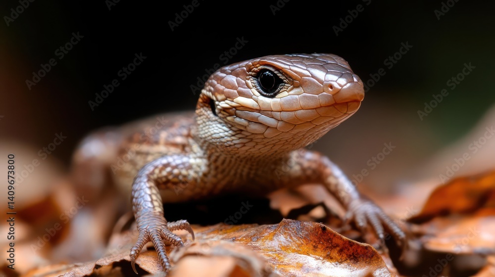 Poster a close-up captures a small, brown lizard amidst dried leaves. the lizard is the main focus with sca