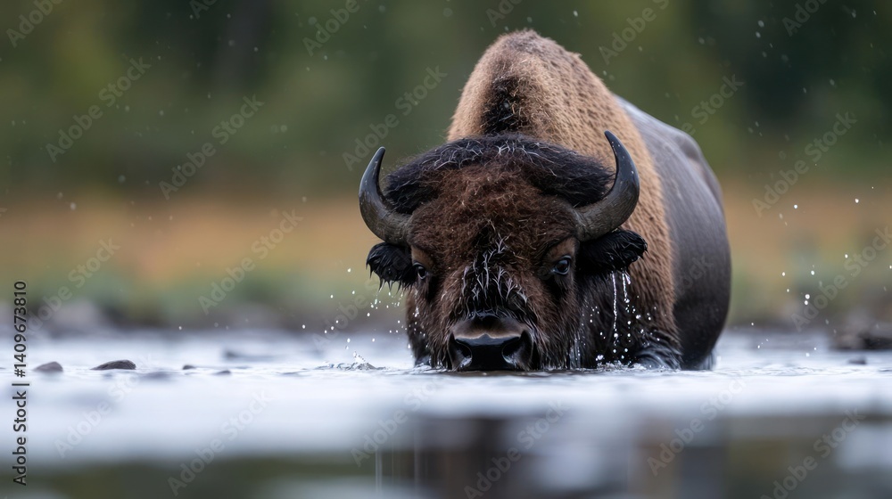 Poster a large, brown bison stands in shallow water, facing forward with water dripping from its face. the 