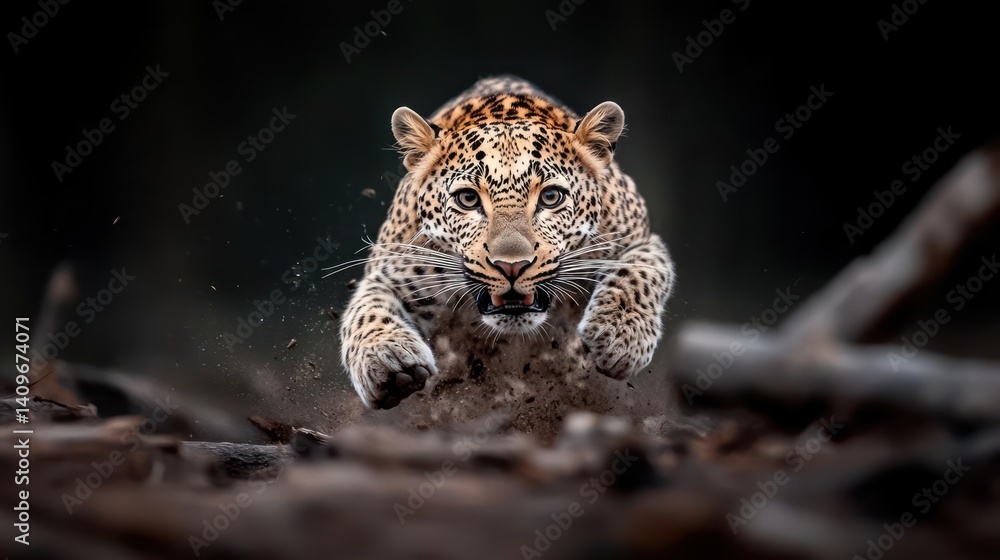 Poster A dynamic shot of a leopard leaping forward with mud and dirt spraying around it. The background is blurred and dark, focusing attention on the leopard's intense gaze and powerful motion