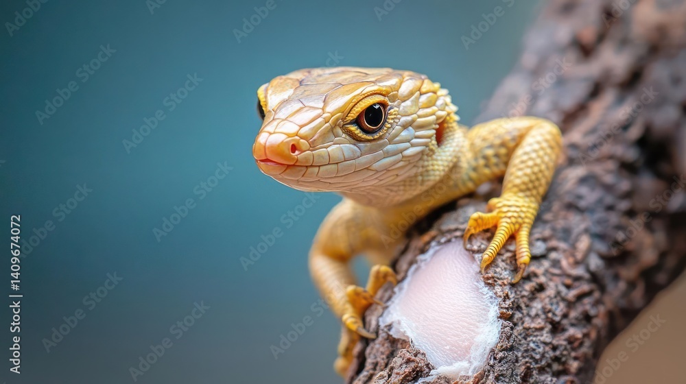 Poster Close up studio shot of an orange lizard on a branch featuring a shallow depth of field with a blurred blue background. The reptile's scaly texture, golden eyes and small claws are visible