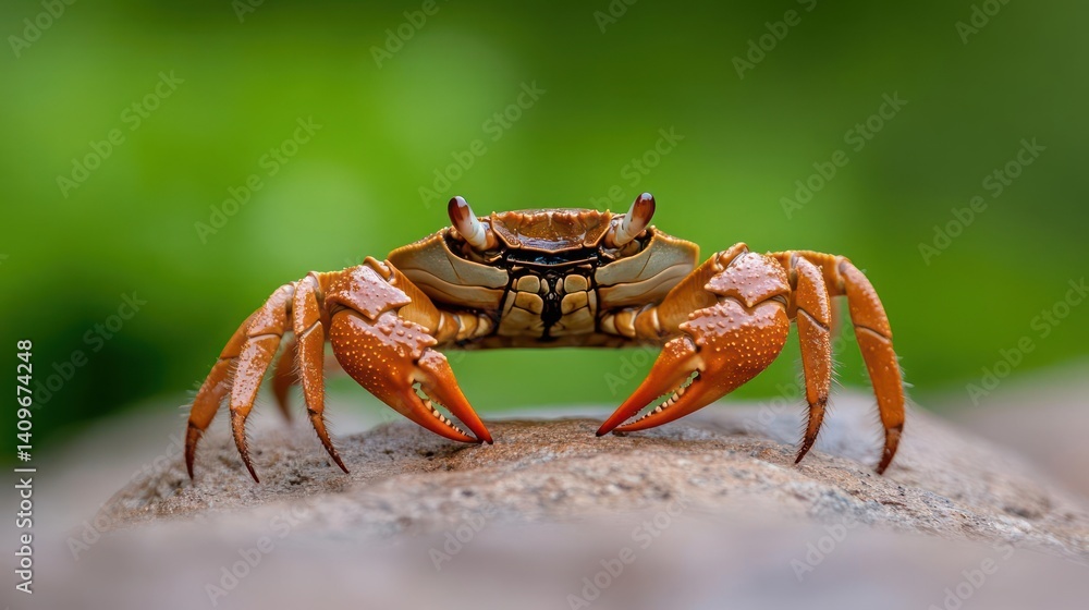 Aufkleber close-up shot of an orange crab perched on a sandy surface against a vibrant green backdrop. the cra