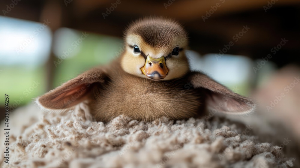 Aufkleber close up shot of a newborn duckling resting on a sheep with blurred background. the cute little bird