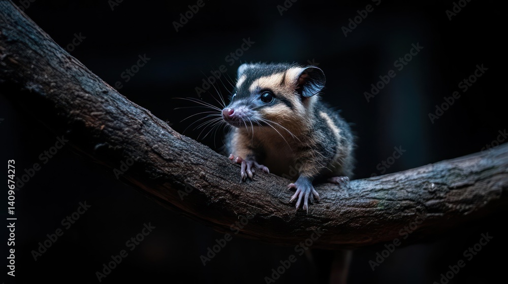 Aufkleber A close-up shot capturing a vulnerable animal resting on a tree branch. Its fur features a blend of dark and light color, creating a unique pattern. The animal is set against a backdrop of dark