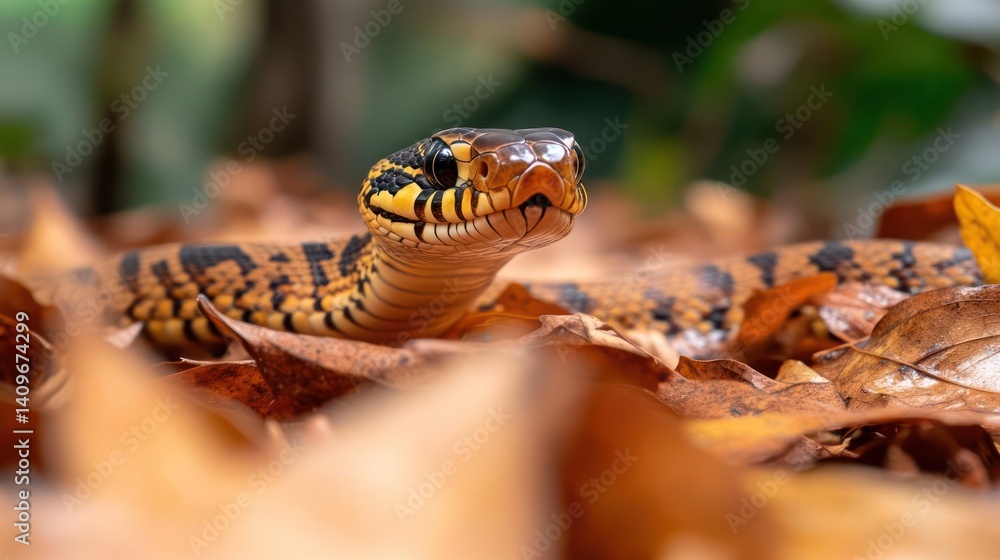 Poster macro shot of a brown rat snake with yellow and black markings on fallen leaves, showcasing a close-