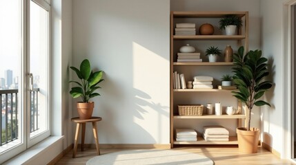 Sunlight streams through a window illuminating a minimalist room with a wooden shelving unit holding neatly stacked towels, potted plants, and decorative items.