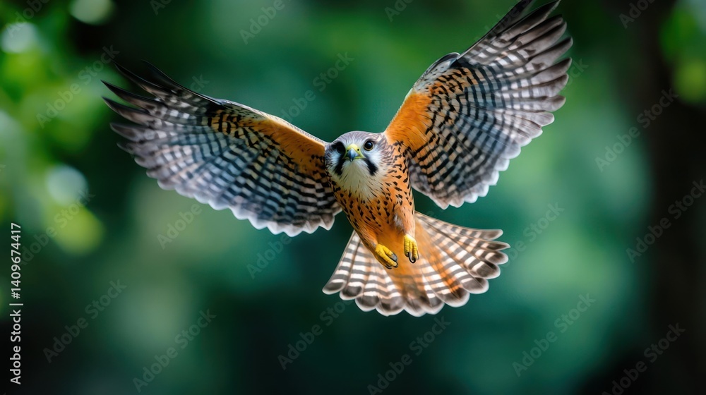 Poster a vibrant image captures a colorful falcon soaring with wings spread against a soft green blurred ba