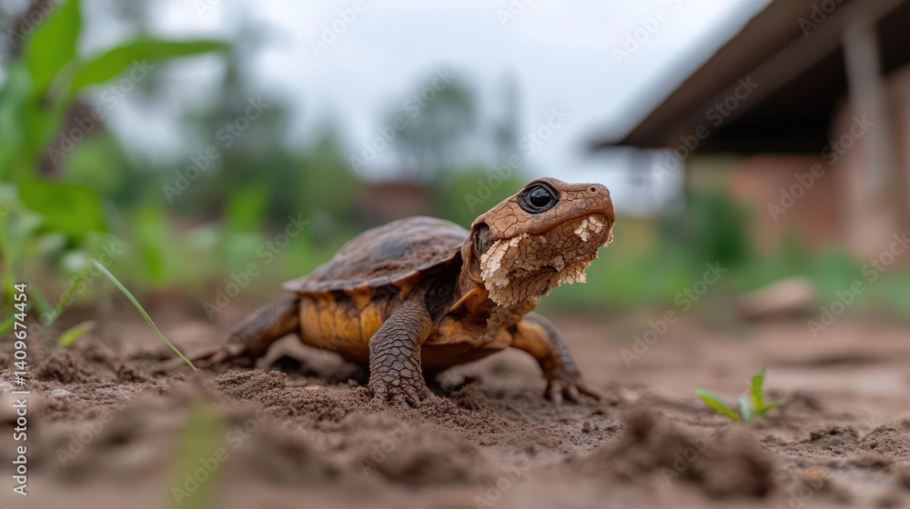 Poster close up of a small brown turtle on muddy ground, gazing upwards. the background features blurred bu