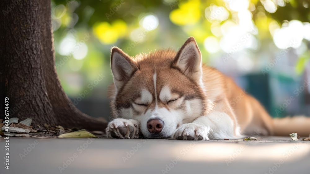 Poster close-up of a sleeping tan and white husky dog, resting outdoors with closed eyes. the dog lays near