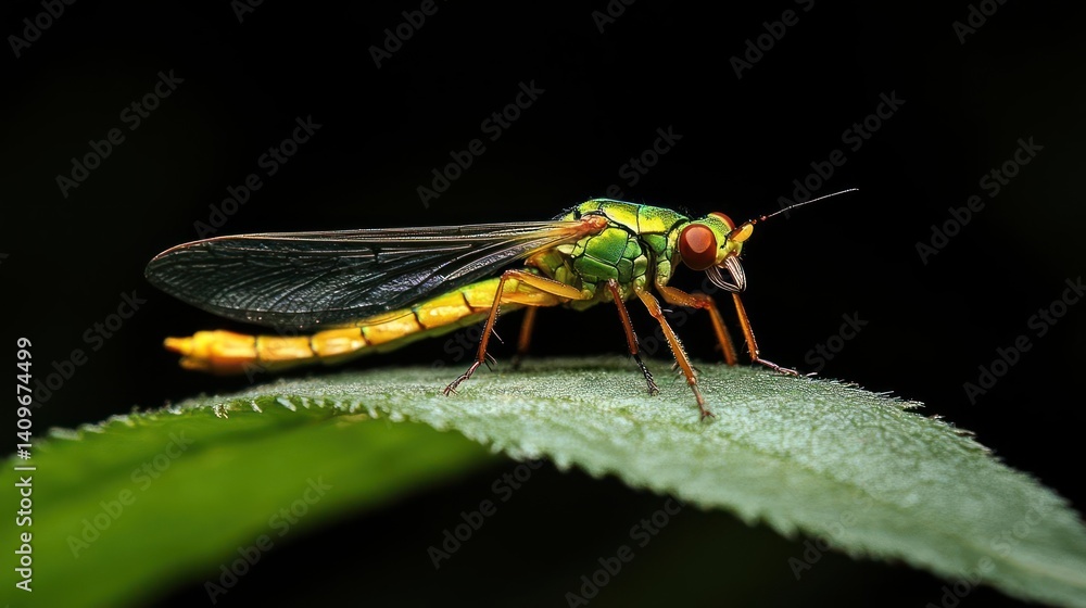 Aufkleber macro shot of a vibrant green and yellow insect with intricate wing patterns perched on a green leaf