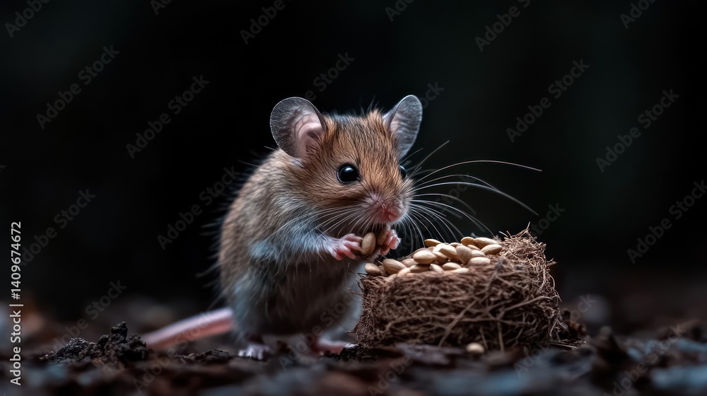 Poster a brown and white field mouse stands on a dark surface near a small mound of seeds. the mouse holds 