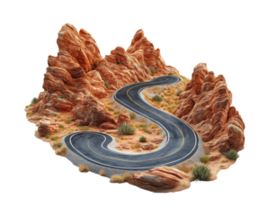 Winding road through red rock formations scenic landscape desert environment. Isolated on transparent background, png.