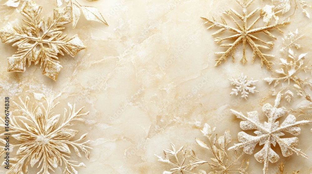 Poster luxurious winter elegance shimmering gold snowflakes on a gentle cream marble backdrop creating an inviting and festive ambiance with a touch of sophistication and warmth