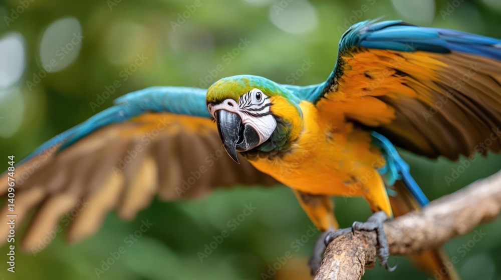 Poster A blue and yellow macaw perches on a tree branch with its wings partially extended in front of a bokeh background of green leaves. The bird is facing forward with a partially opened beak, feathers