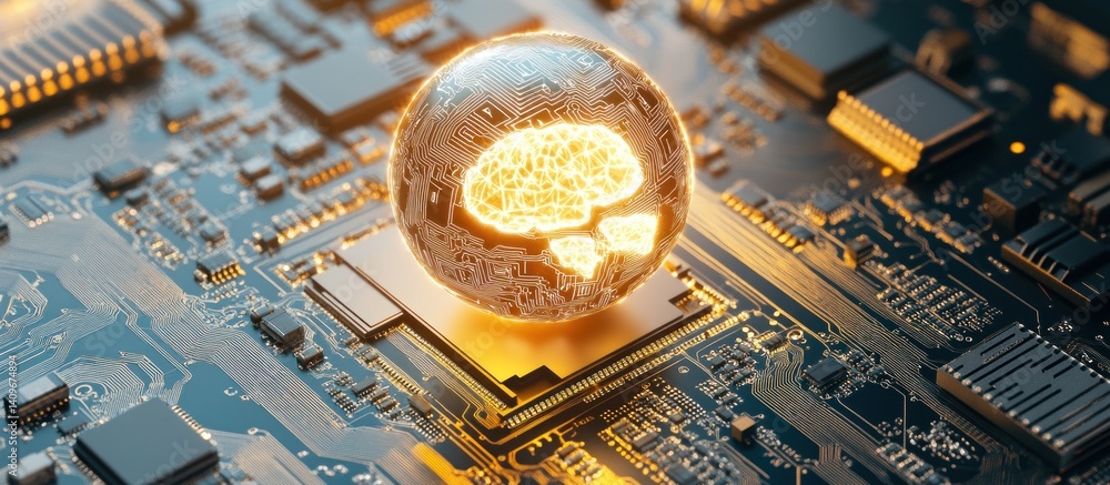 Aufkleber illuminating the future: a digital brain embodied in a golden sphere resting on a sophisticated circ