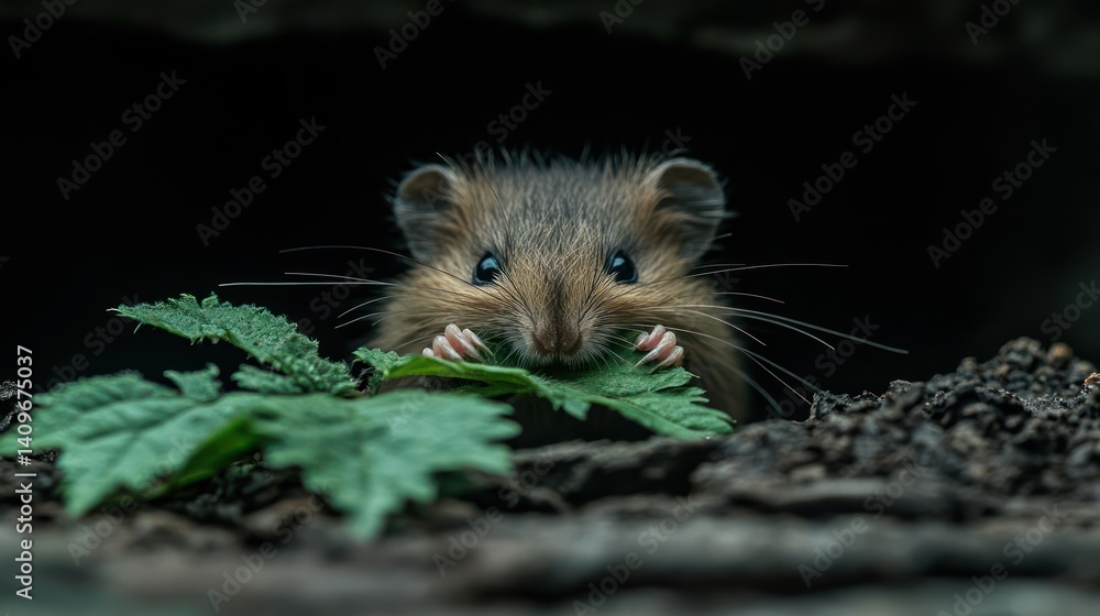 Poster a small brown field mouse with black eyes holds a green leaf with both paws, peering out from a dark