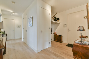 Fototapeta premium Bright and spacious hallway featuring sleek doors, stylish decor, and wooden flooring that enhances contemporary aesthetics.