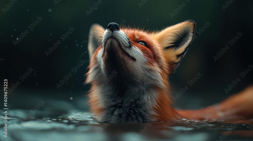 Poster a close-up of a red fox in the water looking upward with its head tilted back and a dark green bokeh