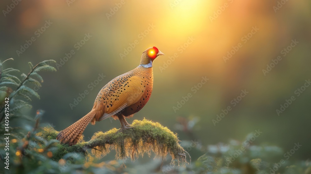 Aufkleber Close-up of a pheasant perched on a mossy branch, illuminated by the warm glow of the setting sun. The bird's vibrant plumage and the sunlit background create a harmonious blend of color and light in