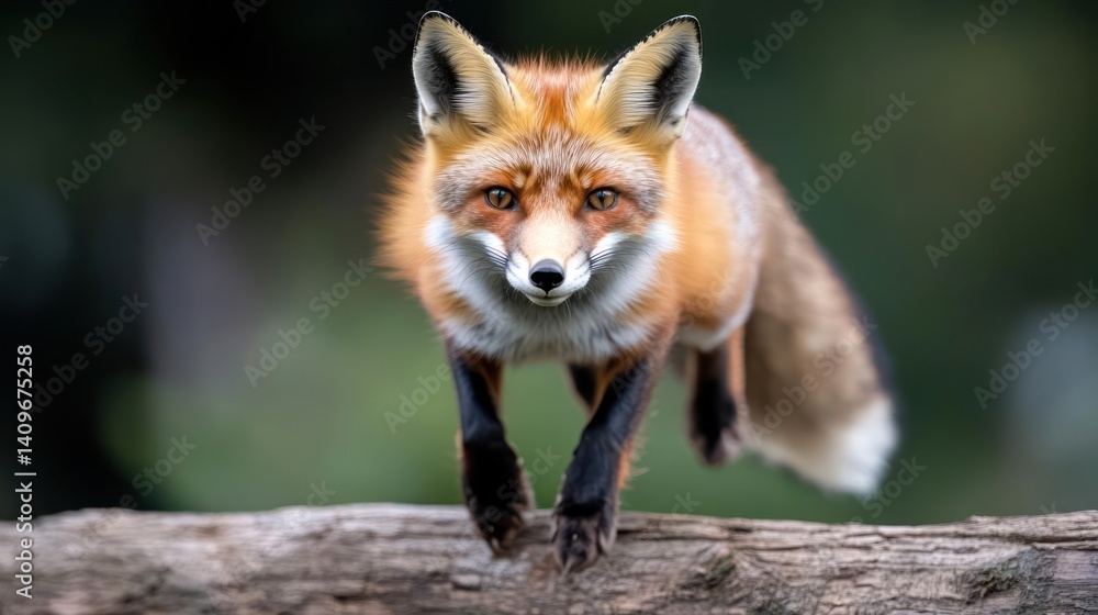 Aufkleber close up shot of a red fox with black legs perched on a tree log with a blurry green and brown backg