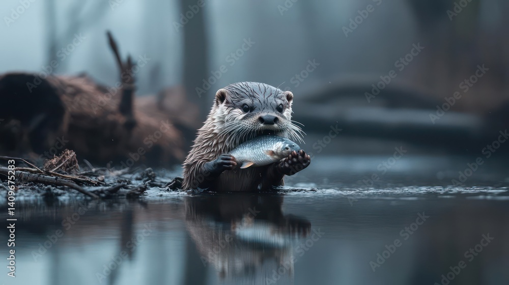 Poster a wild otter is captured in a low-angle shot, holding a fish in its mouth while standing in dark, re