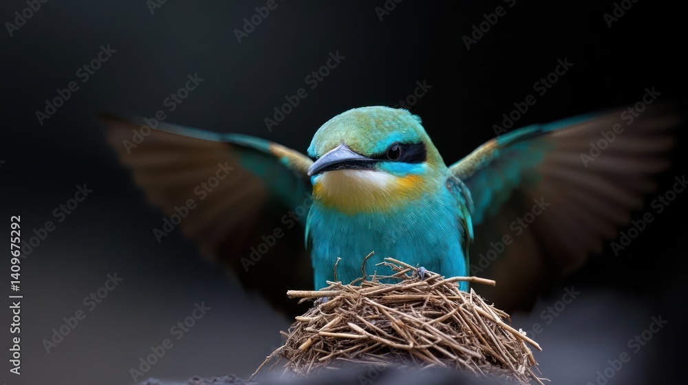 Poster Close up shot of a bird with teal and yellow plumage standing atop a nest of twigs against a dark, blurred background. The bird has its wings partially spread, creating a dynamic and natural scene
