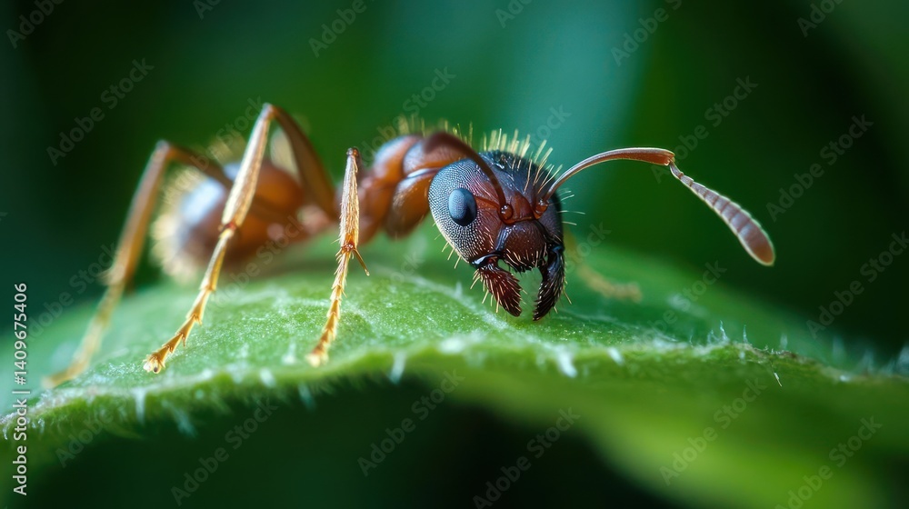 Aufkleber a macro shot shows a red ant crawling on a vibrant green leaf, its intricate details illuminated by 