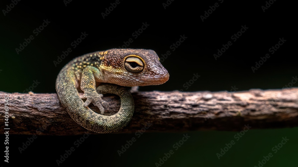Aufkleber close up of a small brown and green gecko curled on a branch, set against a dark background. the gec
