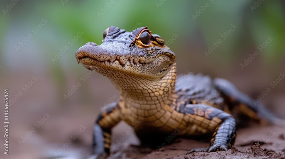 Poster close-up of a juvenile alligator resting on muddy ground. the reptile displays textured skin in shad