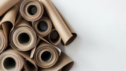 Fototapeta premium Six rolls of smooth kraft paper are stacked in a minimalist composition