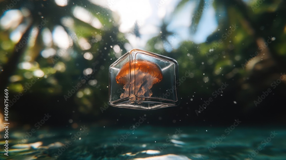 Poster a captivating close-up features an orange jellyfish suspended in a glass cube, set against a blurred