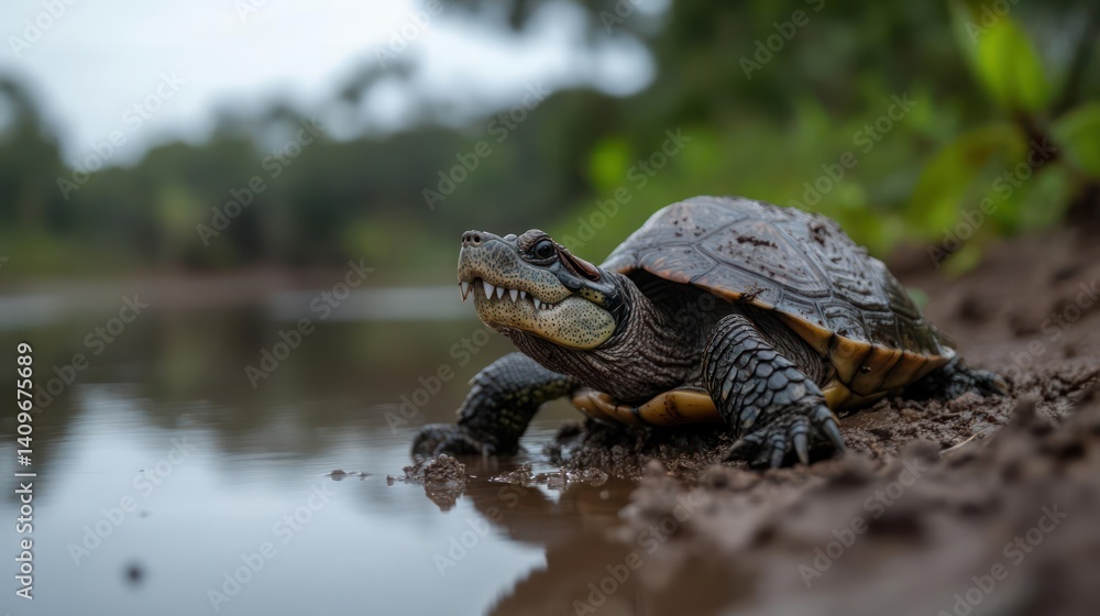 Poster close up shot of a brown turtle with black spots on brown dirt next to a pond with blurred greenery 