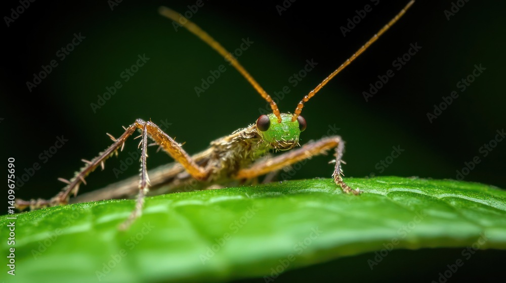 Poster macro shot of a brown and green grasshopper perched on a vibrant green leaf. the insect features int