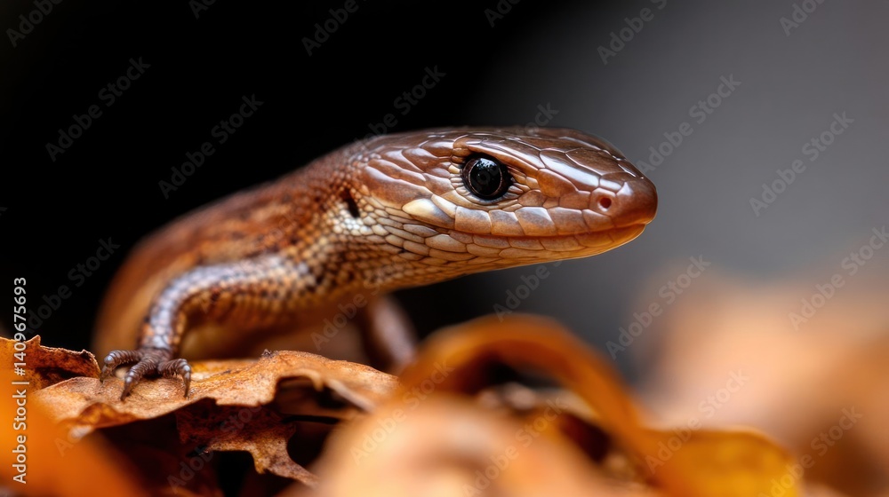 Aufkleber close up photo of a brown lizard on dry leaves. dark and blurred background. shallow depth of field 